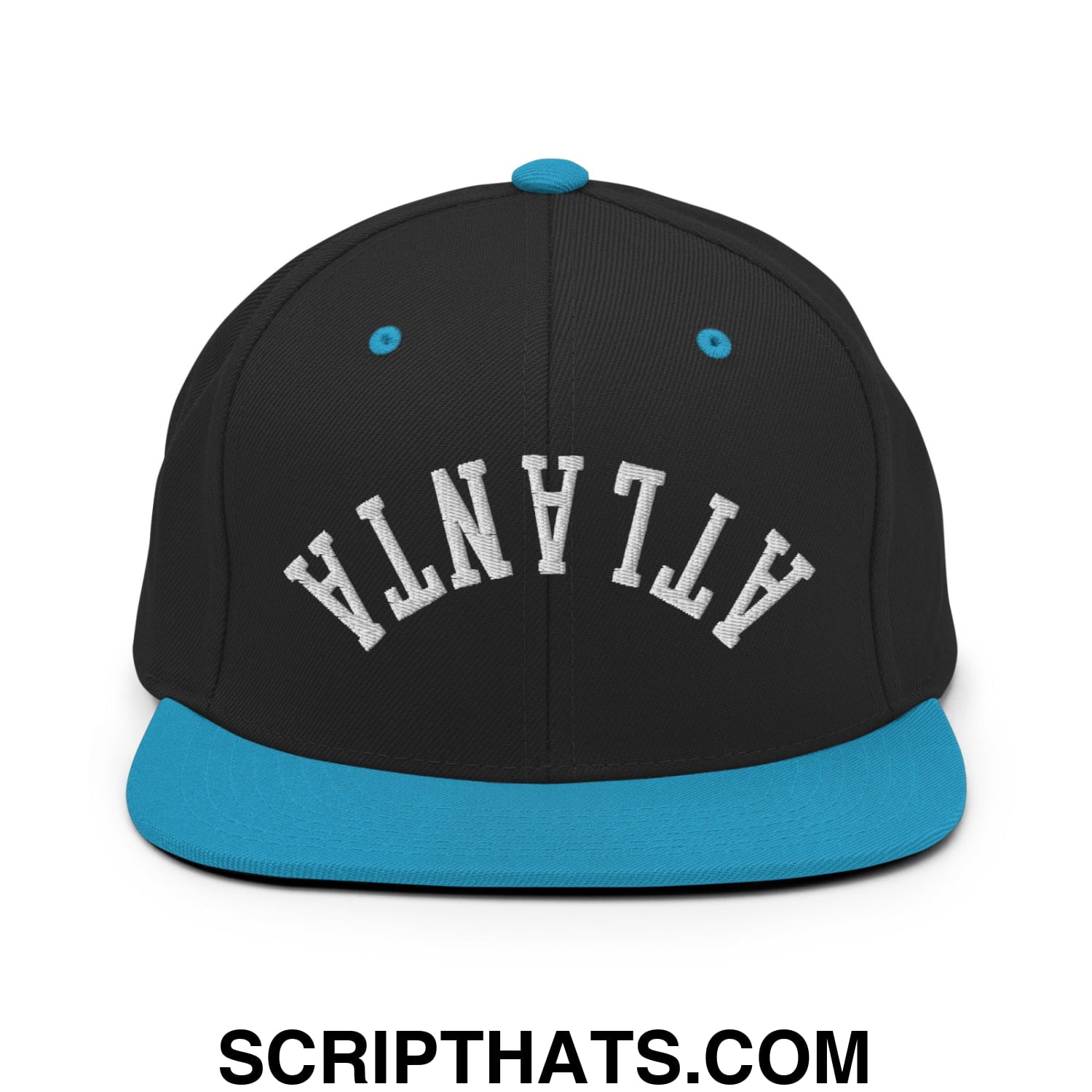 Upside Down Atlanta Embroidered Flat Brim Bill Snapback Hat Black Teal
