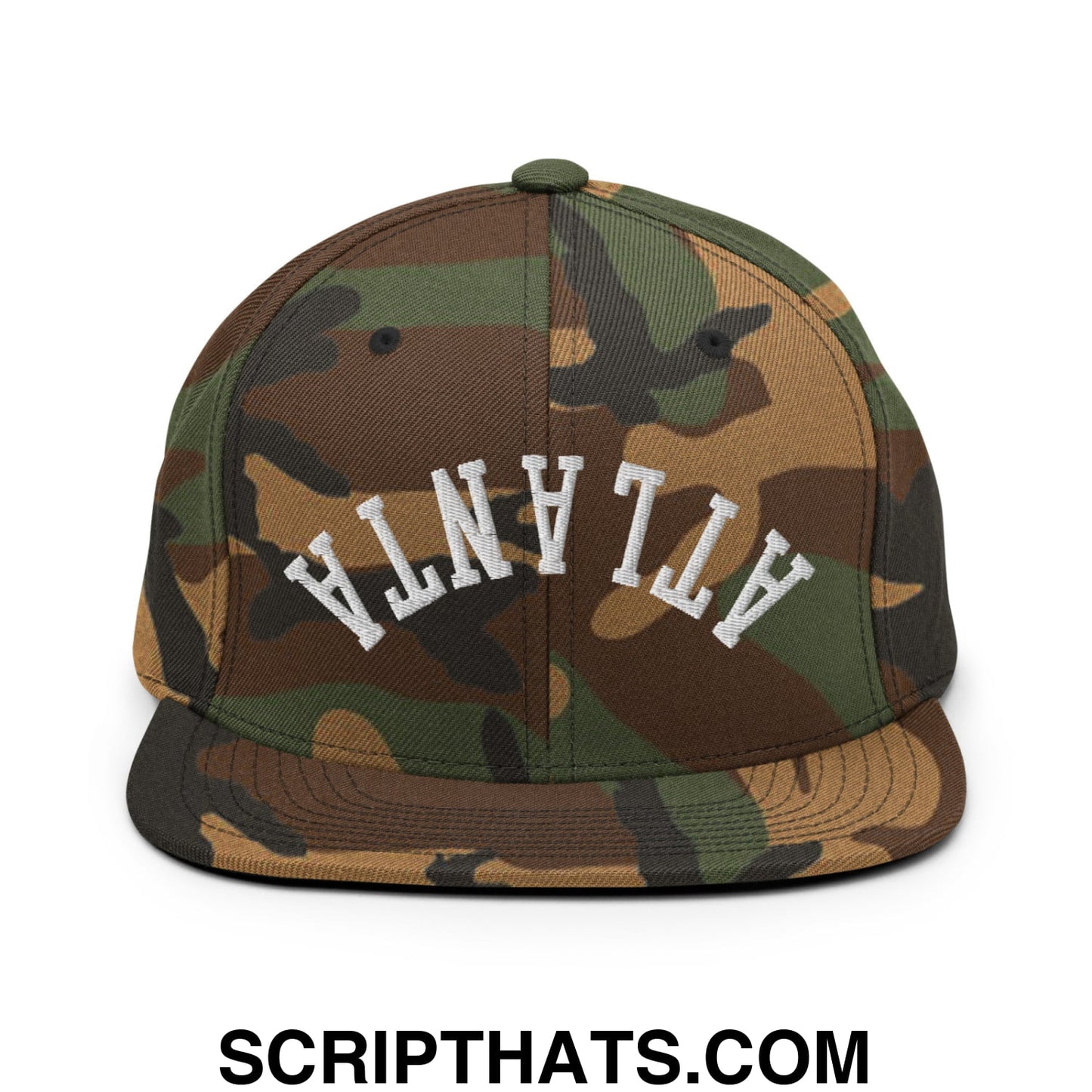 Upside Down Atlanta Embroidered Flat Brim Bill Snapback Hat Green Camo
