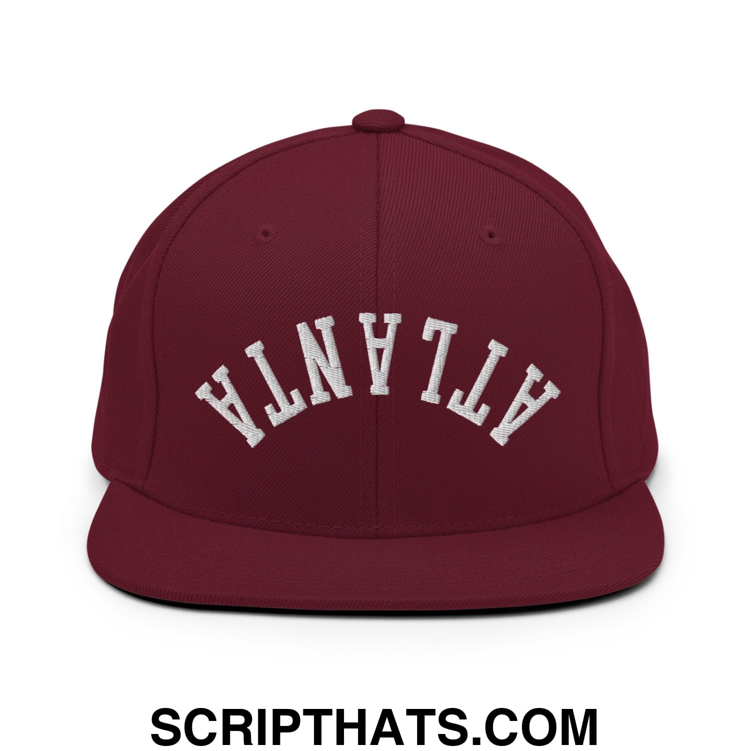 Upside Down Atlanta Embroidered Flat Brim Bill Snapback Hat Maroon