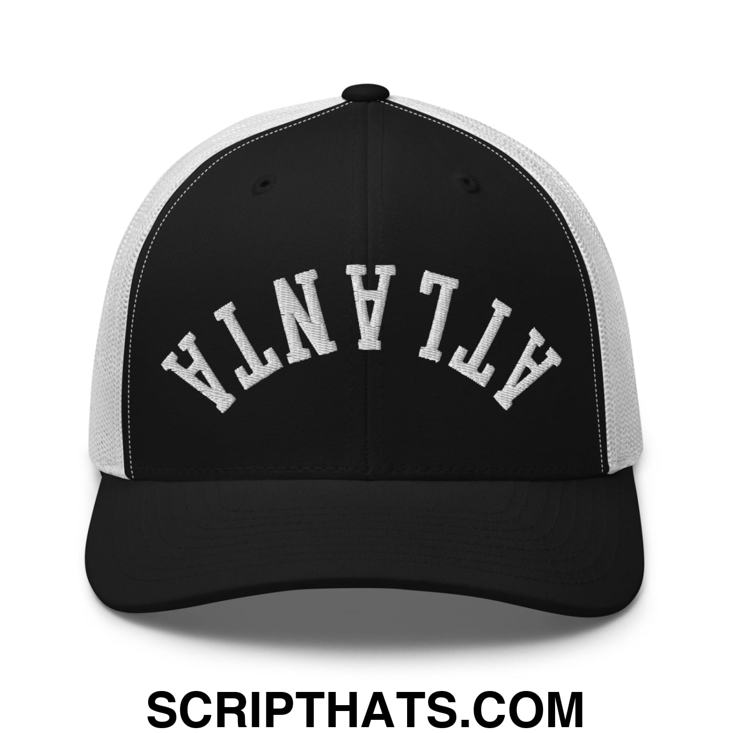 Upside Down Atlanta Embroidered Mesh Trucker Hat Black White