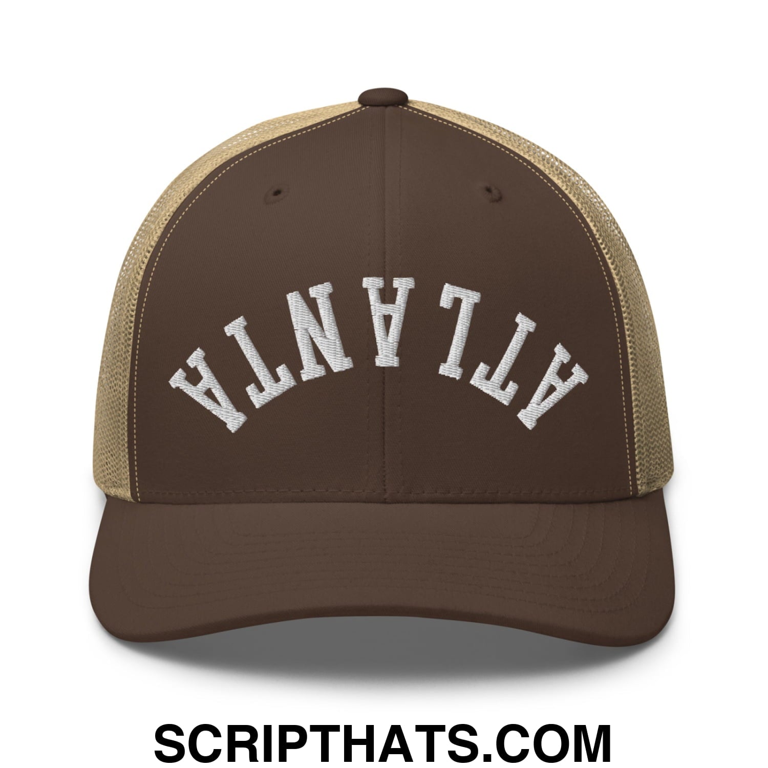 Upside Down Atlanta Embroidered Mesh Trucker Hat Brown Khaki
