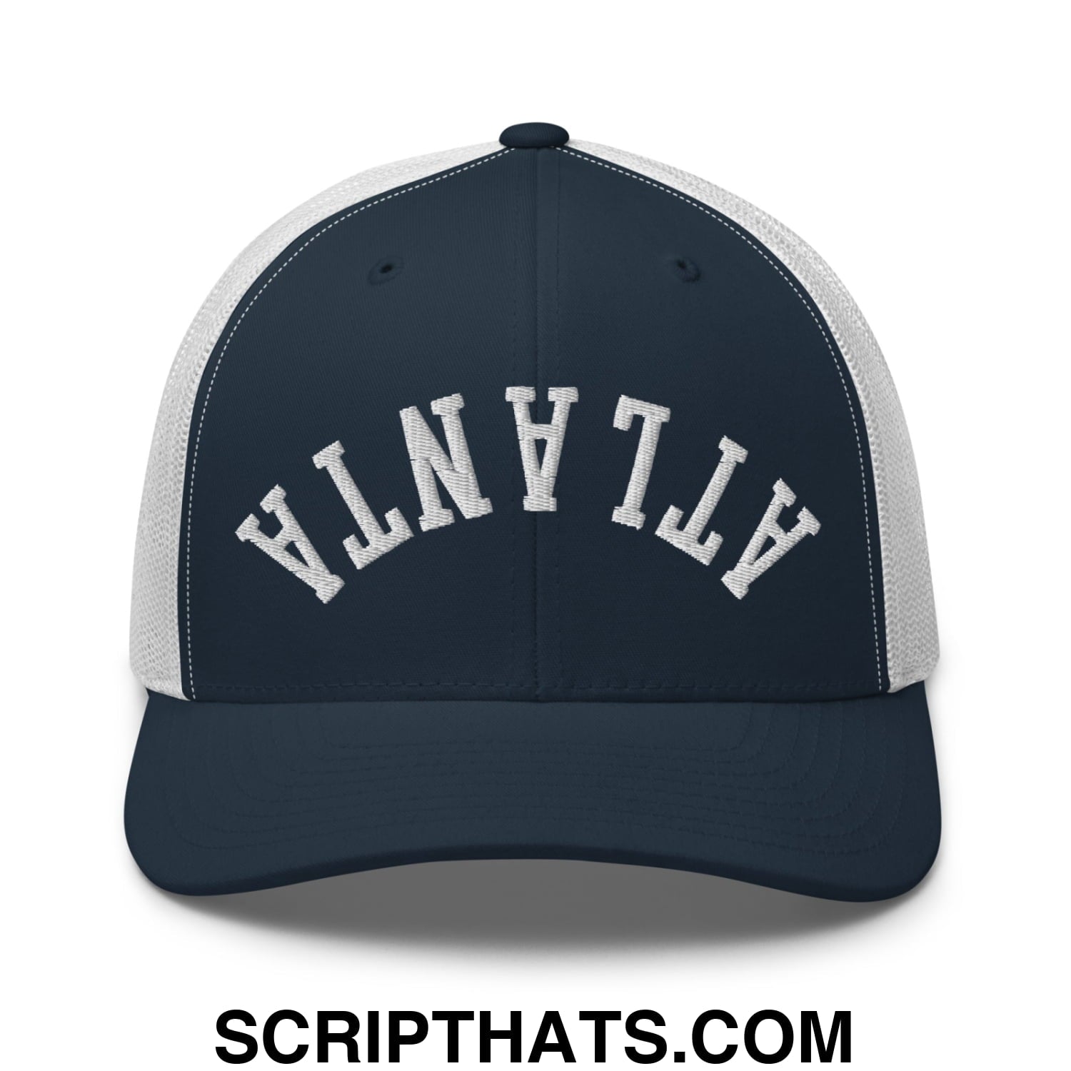 Upside Down Atlanta Embroidered Mesh Trucker Hat Navy White