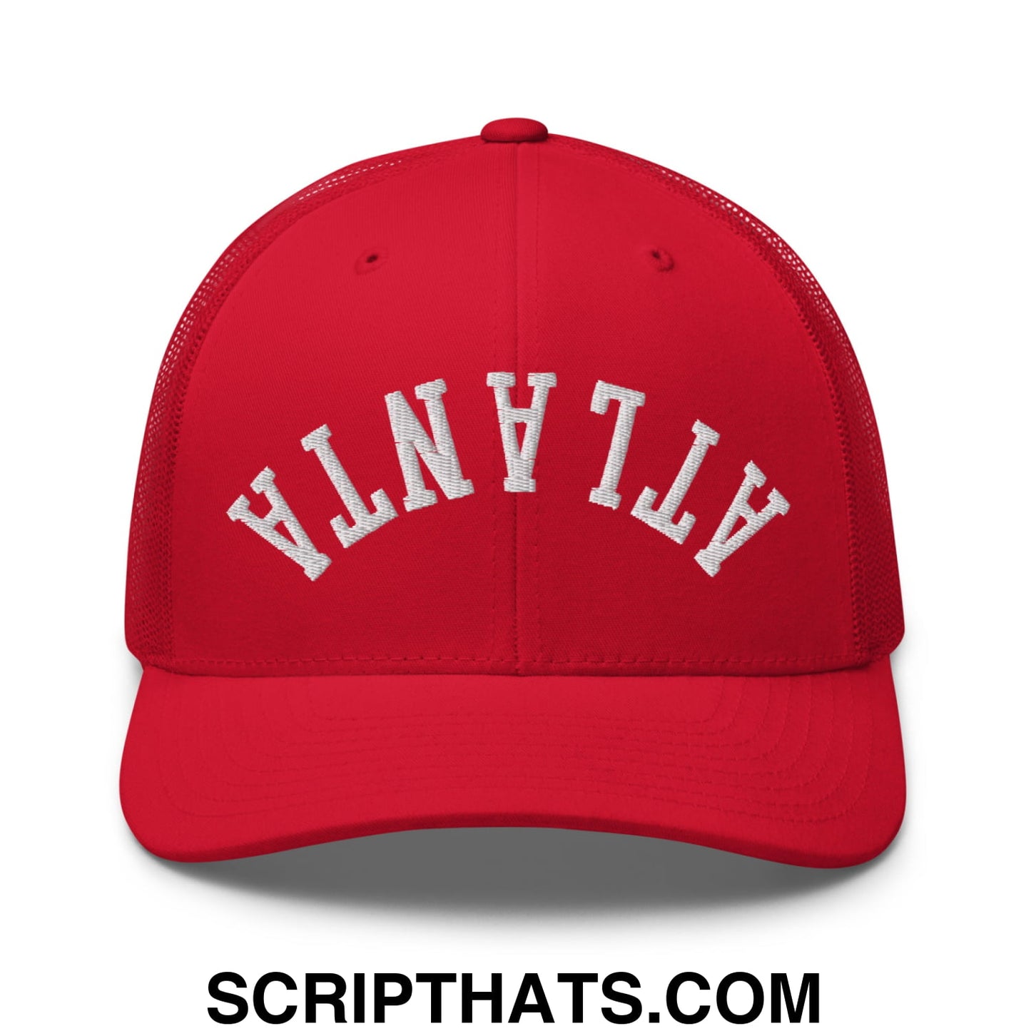 Upside Down Atlanta Embroidered Mesh Trucker Hat Red