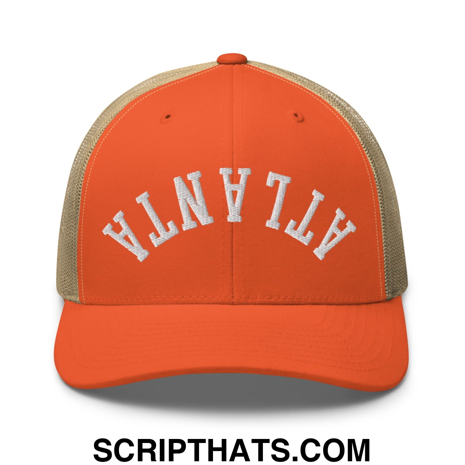Upside Down Atlanta Embroidered Mesh Trucker Hat Rustic Orange Khaki
