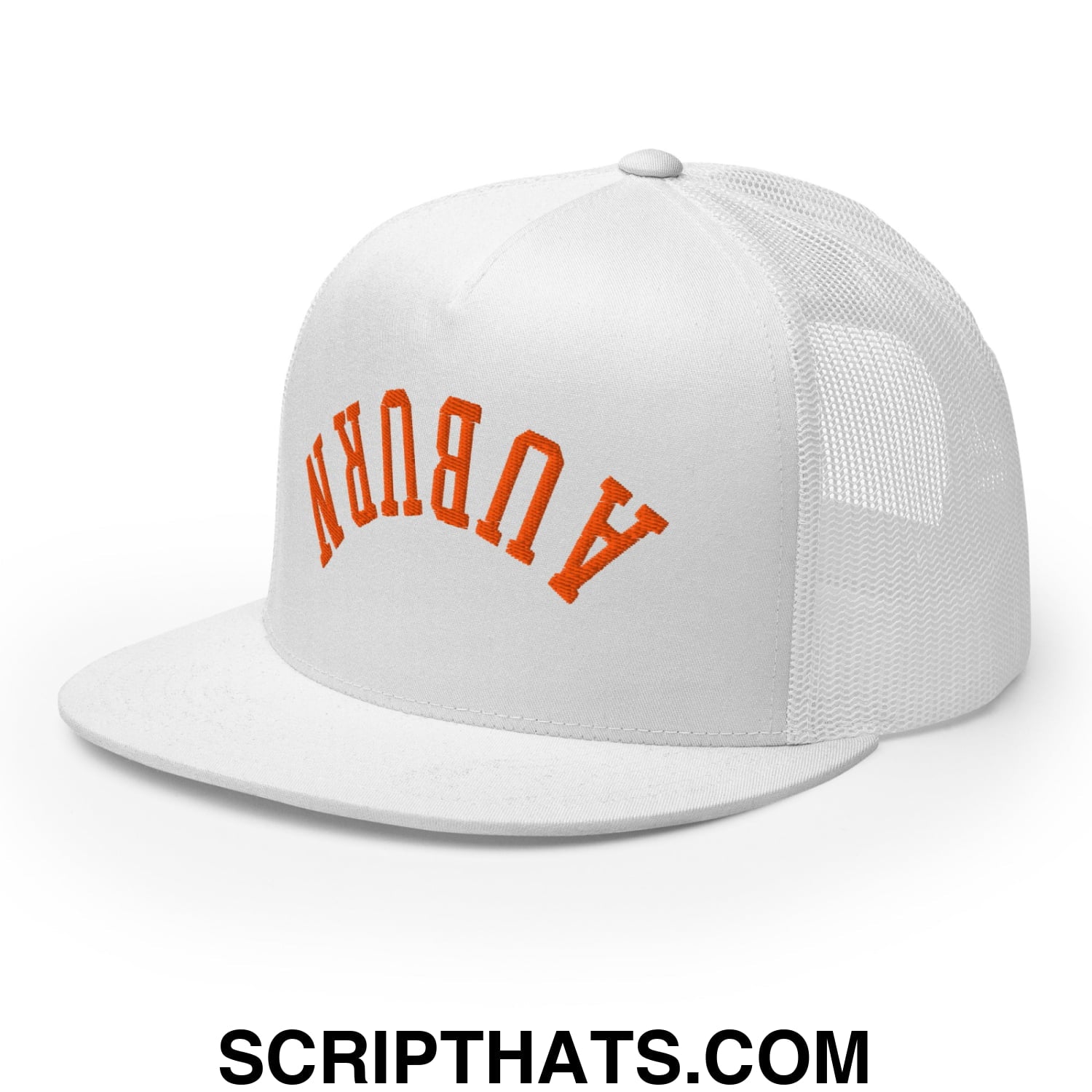 Upside Down Auburn Embroidered Flat Bill Brim Trucker Hat White
