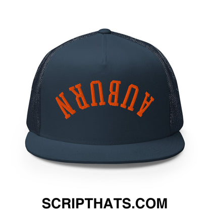 Upside Down Auburn Embroidered Flat Bill Brim Trucker Hat Navy