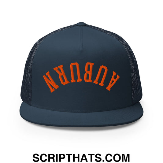 Upside Down Auburn Embroidered Flat Bill Brim Trucker Hat Navy