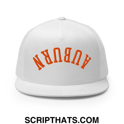 Upside Down Auburn Embroidered Flat Bill Brim Trucker Hat White