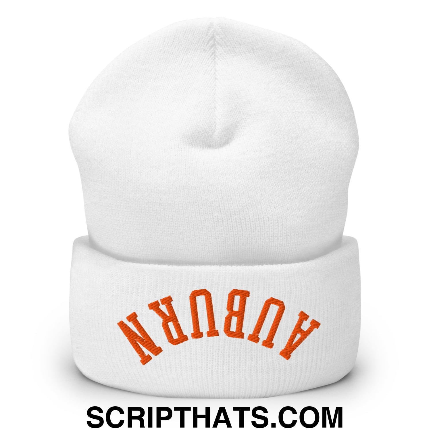 Upside Down Auburn Embroidered Knit Cuffed Beanie White