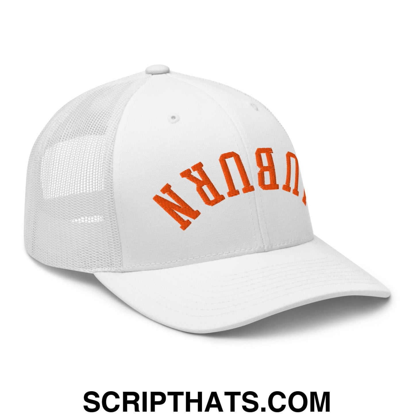 Upside Down Auburn Embroidered Retro Mesh Trucker Hat White