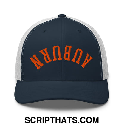 Upside Down Auburn Embroidered Retro Mesh Trucker Hat Navy White