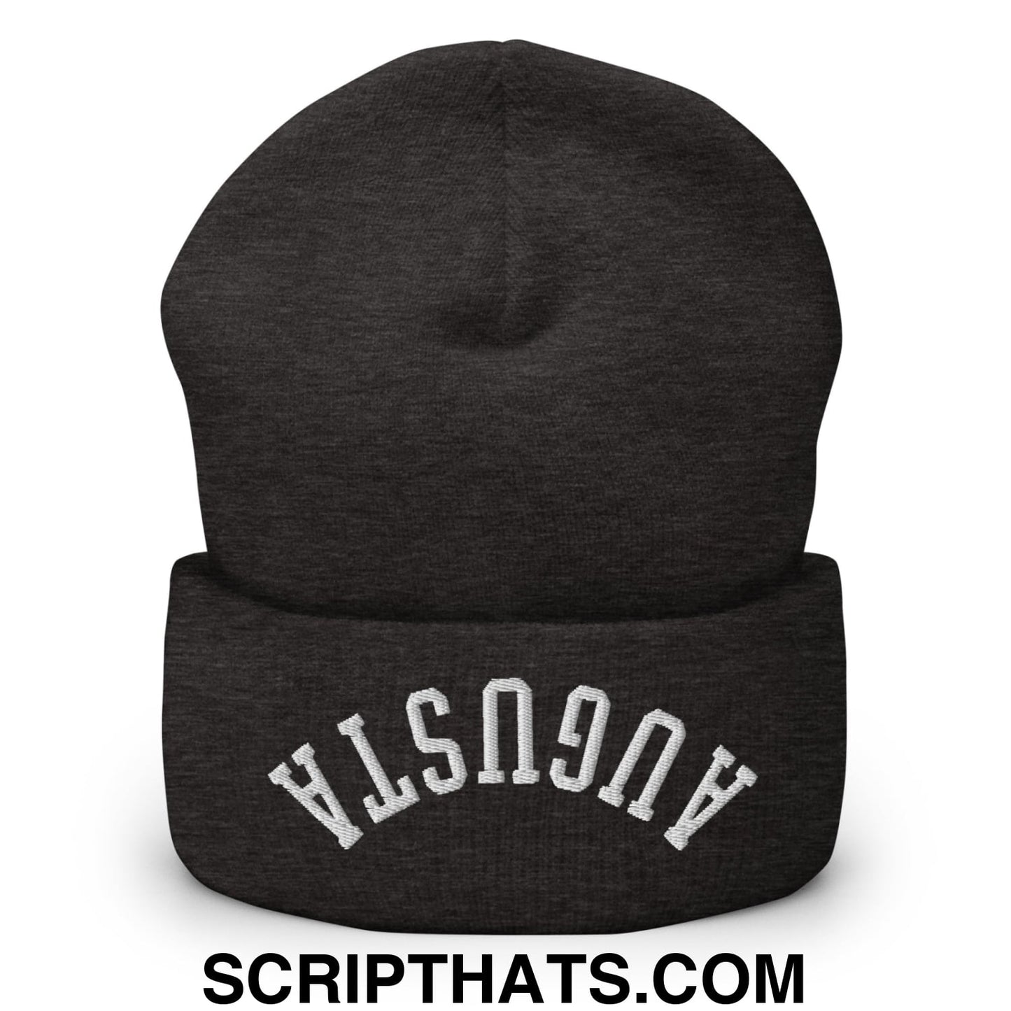Upside Down Augusta Embroidered Cuffed Knit Beanie Dark Grey