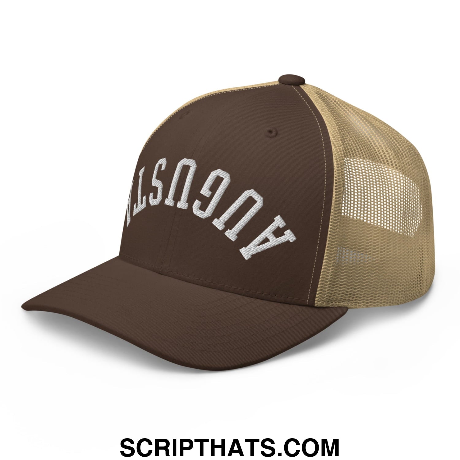 Upside Down Augusta Embroidered Mesh Trucker Hat Brown Khaki