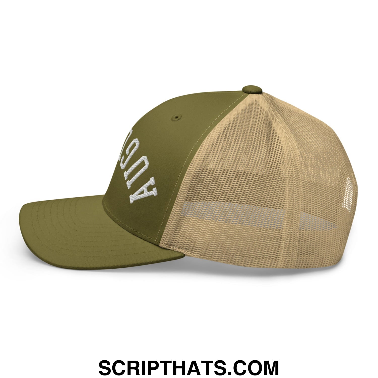 Upside Down Augusta Embroidered Mesh Trucker Hat Moss Khaki