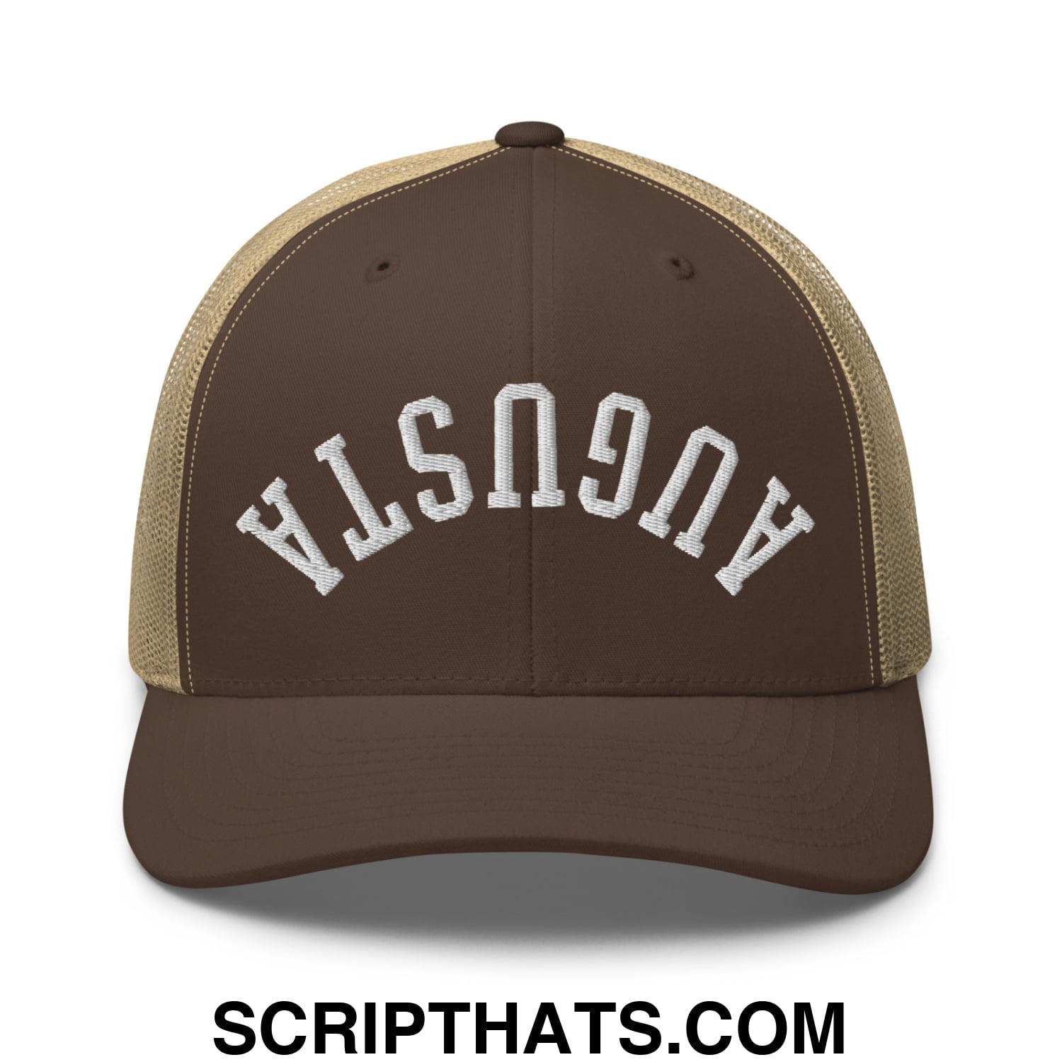 Upside Down Augusta Embroidered Mesh Trucker Hat Brown Khaki