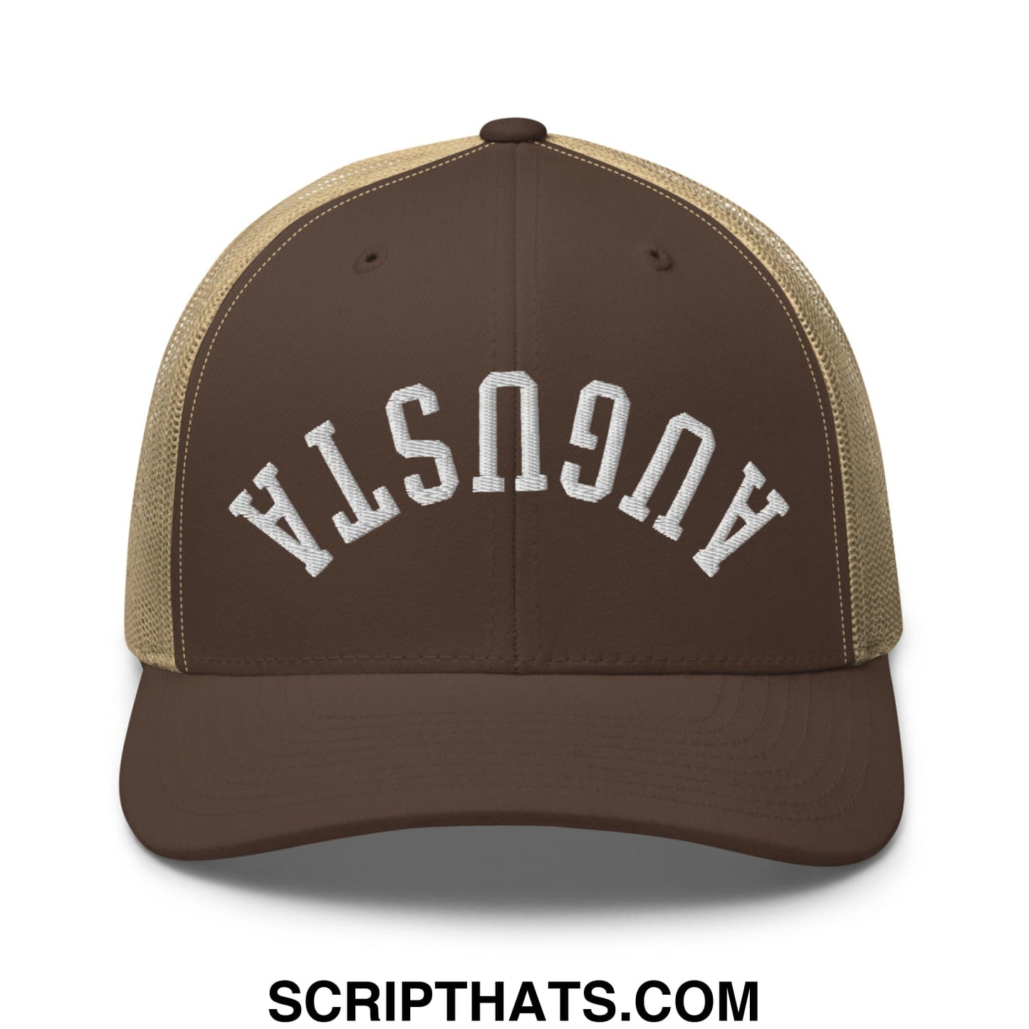 Upside Down Augusta Embroidered Mesh Trucker Hat Brown Khaki