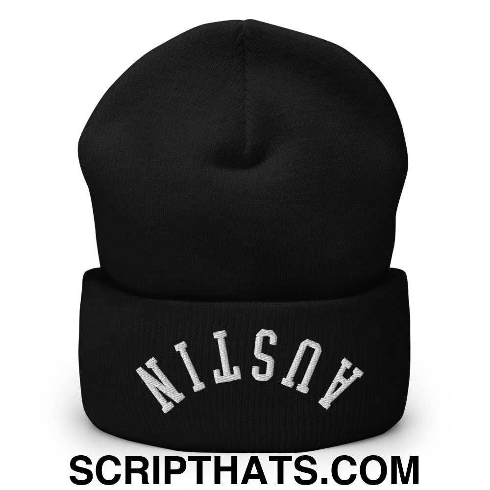 Upside Down Austin Embroidered Cuffed Knit Beanie Black