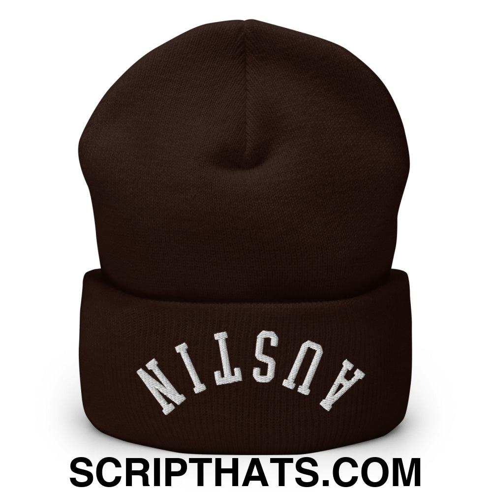 Upside Down Austin Embroidered Cuffed Knit Beanie Brown