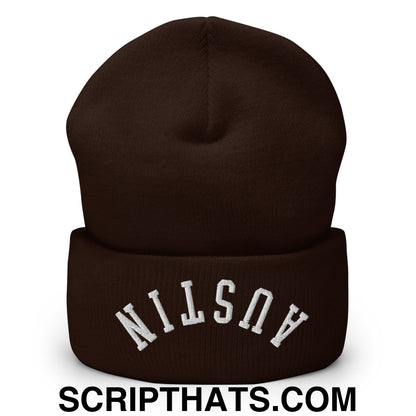 Upside Down Austin Embroidered Cuffed Knit Beanie Brown