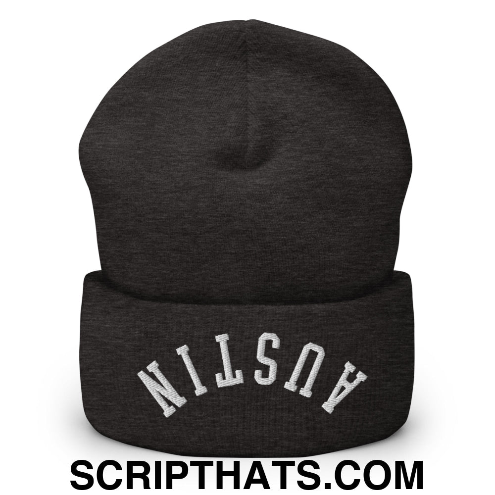 Upside Down Austin Embroidered Cuffed Knit Beanie Dark Grey