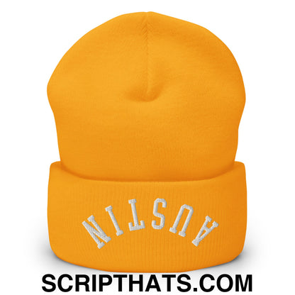 Upside Down Austin Embroidered Cuffed Knit Beanie Gold