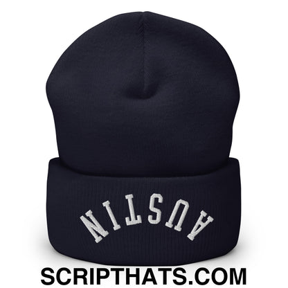 Upside Down Austin Embroidered Cuffed Knit Beanie Navy