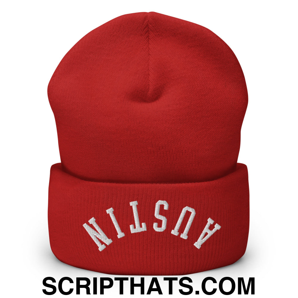 Upside Down Austin Embroidered Cuffed Knit Beanie Red