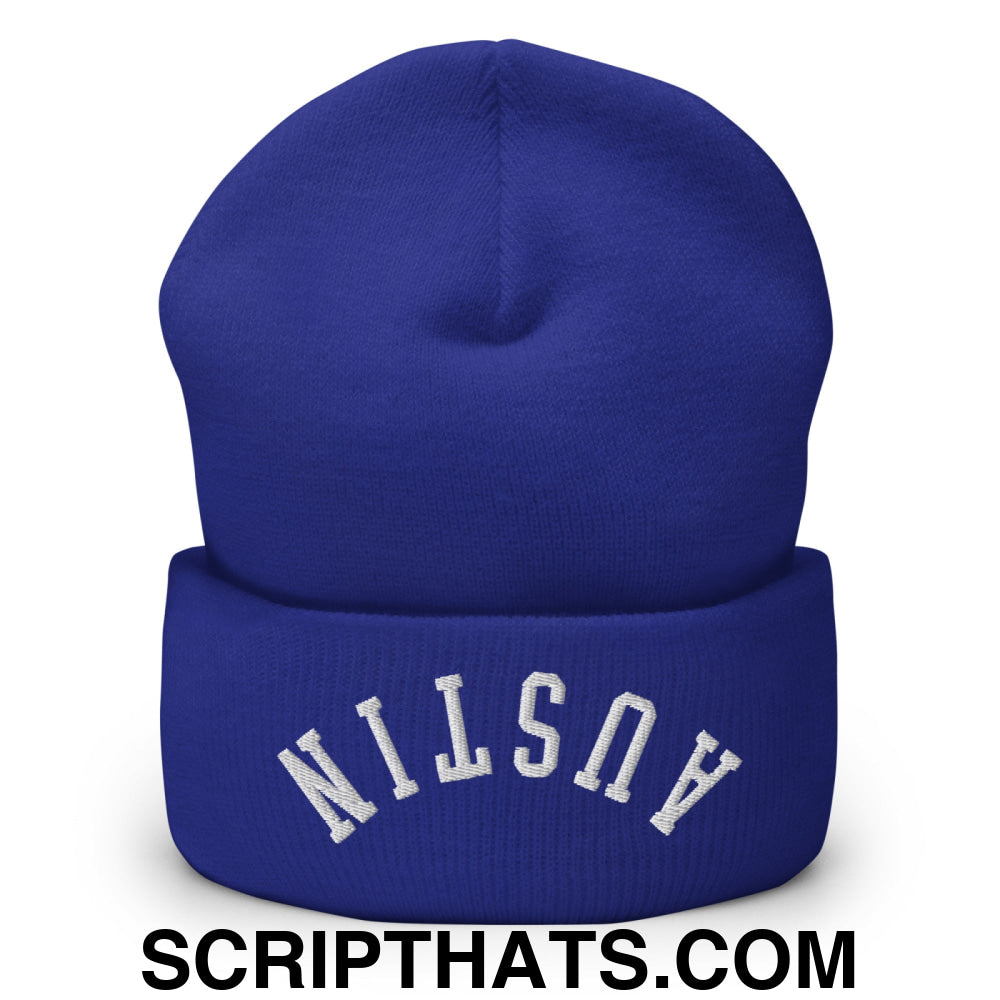 Upside Down Austin Embroidered Cuffed Knit Beanie Royal