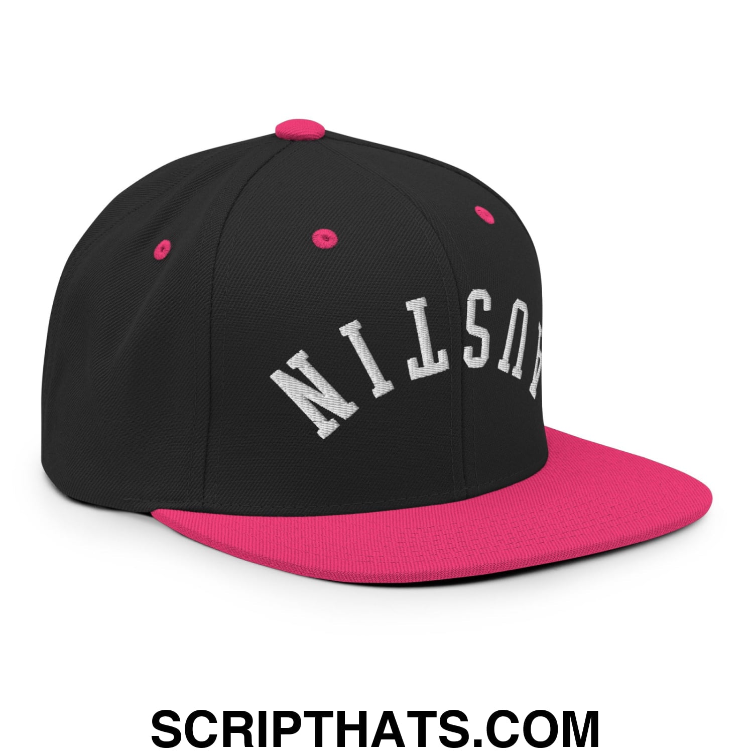 Upside Down Austin Embroidered Flat Bill Brim Snapback Hat Black Neon Pink