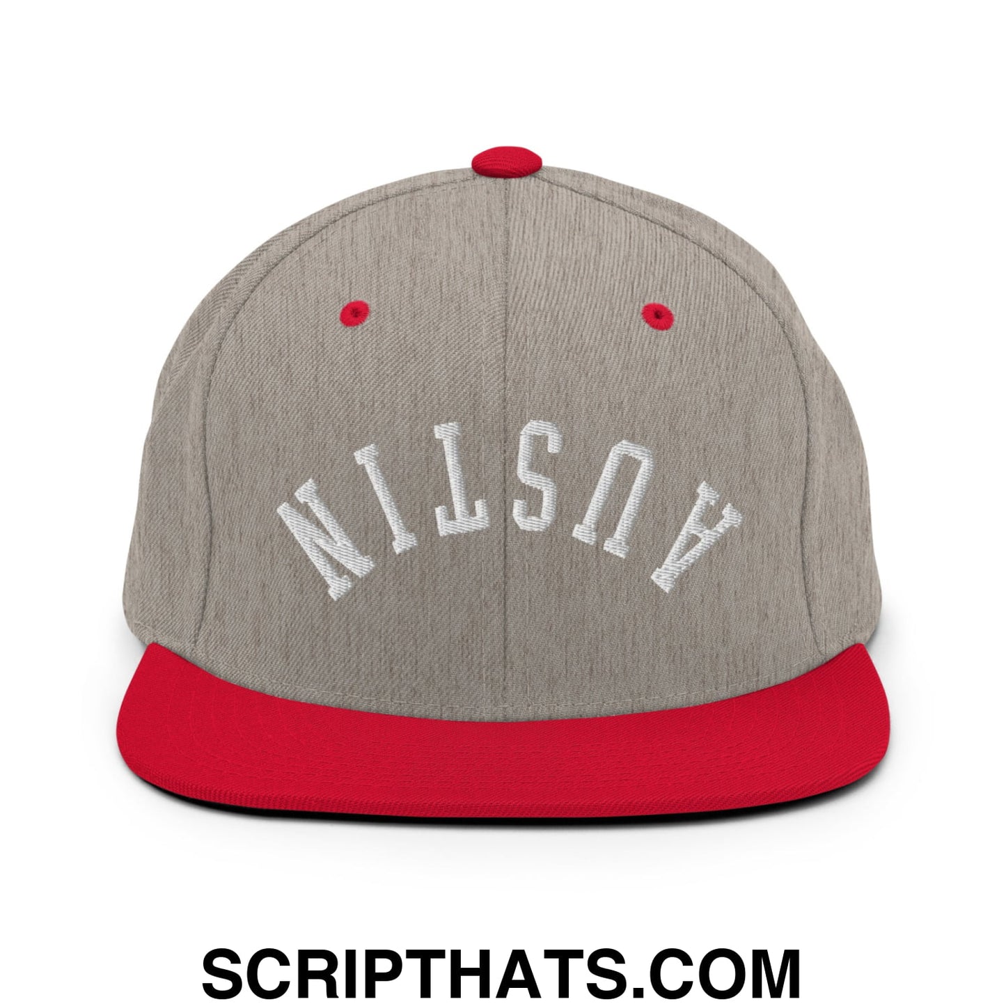 Upside Down Austin Embroidered Flat Bill Brim Snapback Hat Heather Grey Red