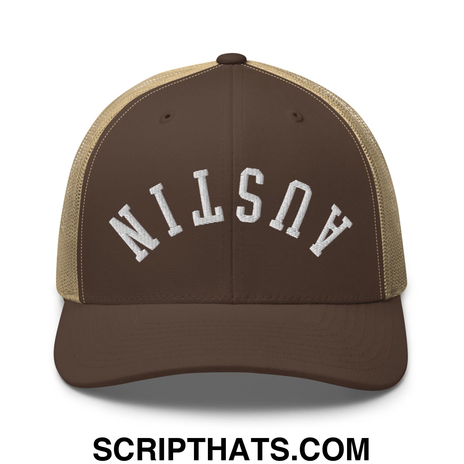 Upside Down Austin Embroidered Mesh Trucker Hat Brown Khaki
