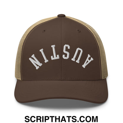 Upside Down Austin Embroidered Mesh Trucker Hat Brown Khaki