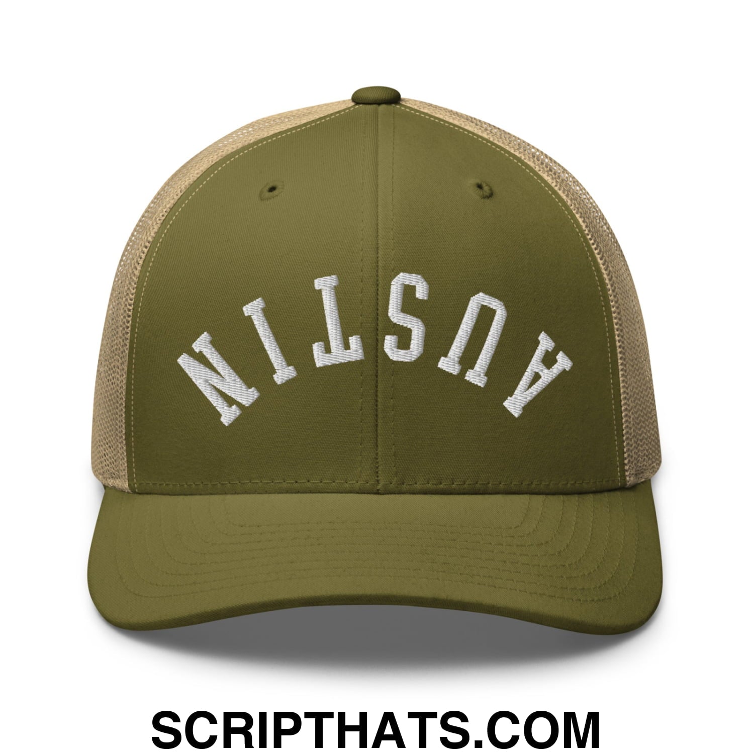 Upside Down Austin Embroidered Mesh Trucker Hat Moss Khaki