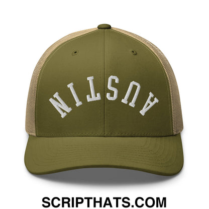 Upside Down Austin Embroidered Mesh Trucker Hat Moss Khaki