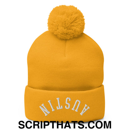 Upside Down Austin Embroidered Pom Pom Knit Beanie Gold