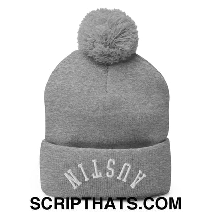 Upside Down Austin Embroidered Pom Pom Knit Beanie Heather Grey