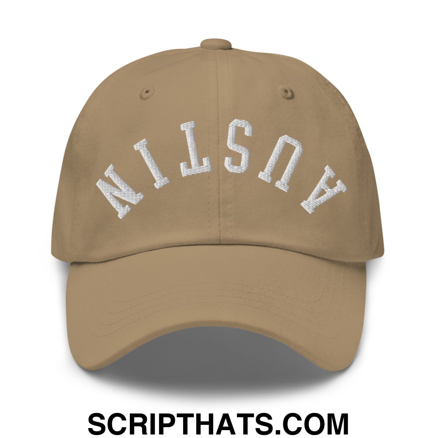 Upside Down Austin Embroidered Unstructured Dad Hat Khaki