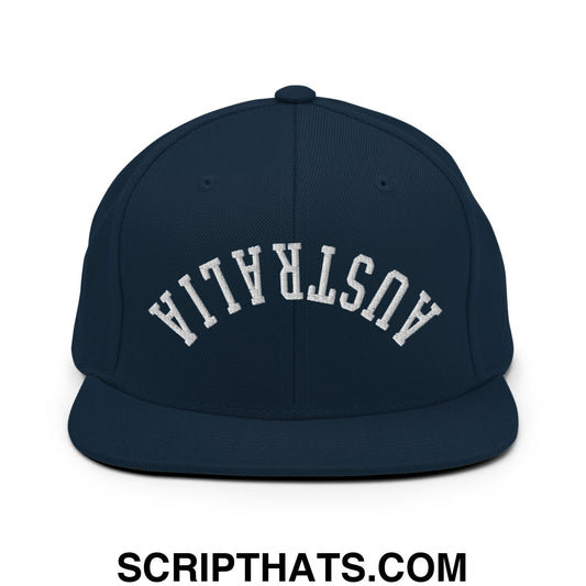 Navy blue snapback hat with white embroidered australia arch design and flat bill brim for casual wear