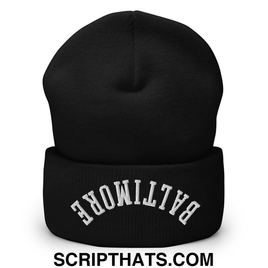 Upside Down Baltimore Embroidered Cuffed Knit Beanie Black