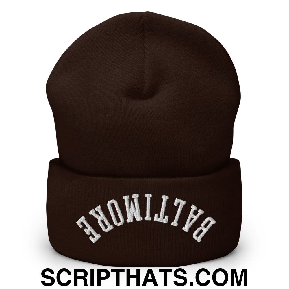 Upside Down Baltimore Embroidered Cuffed Knit Beanie Brown