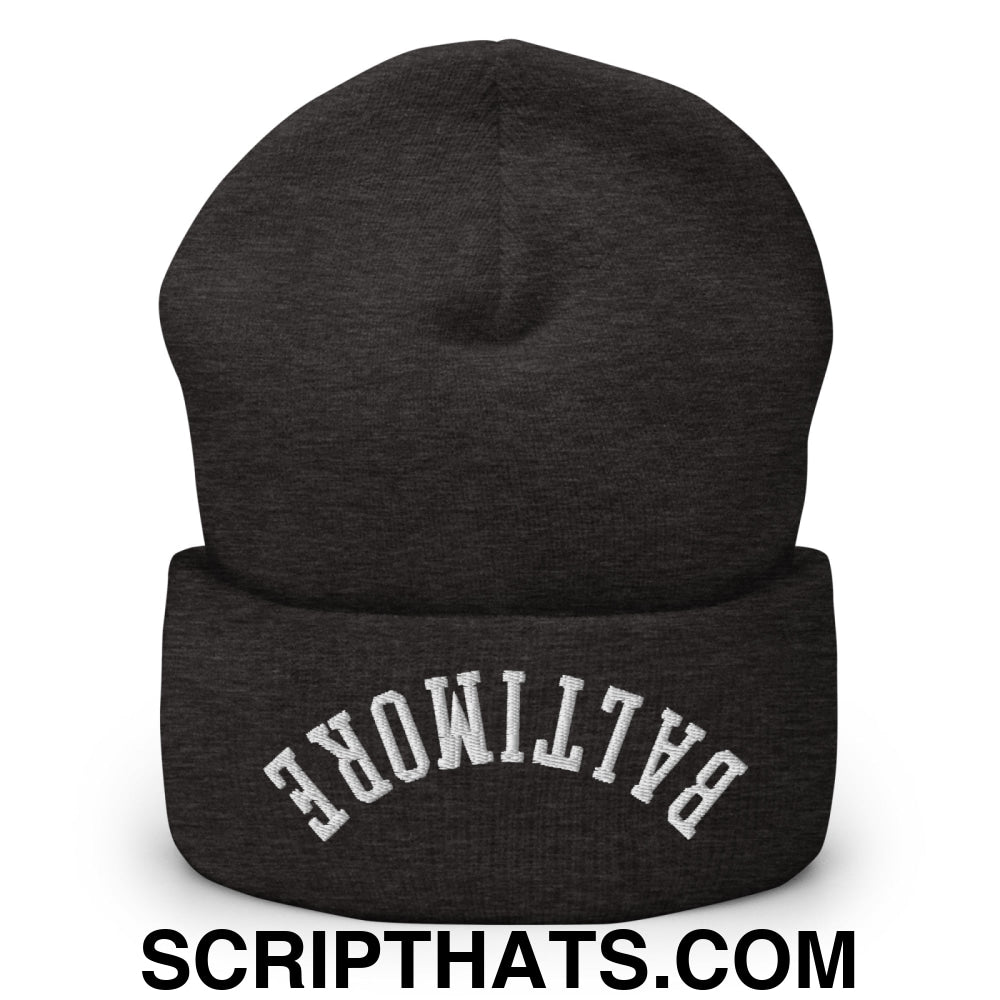 Upside Down Baltimore Embroidered Cuffed Knit Beanie Dark Grey