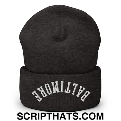 Upside Down Baltimore Embroidered Cuffed Knit Beanie Dark Grey