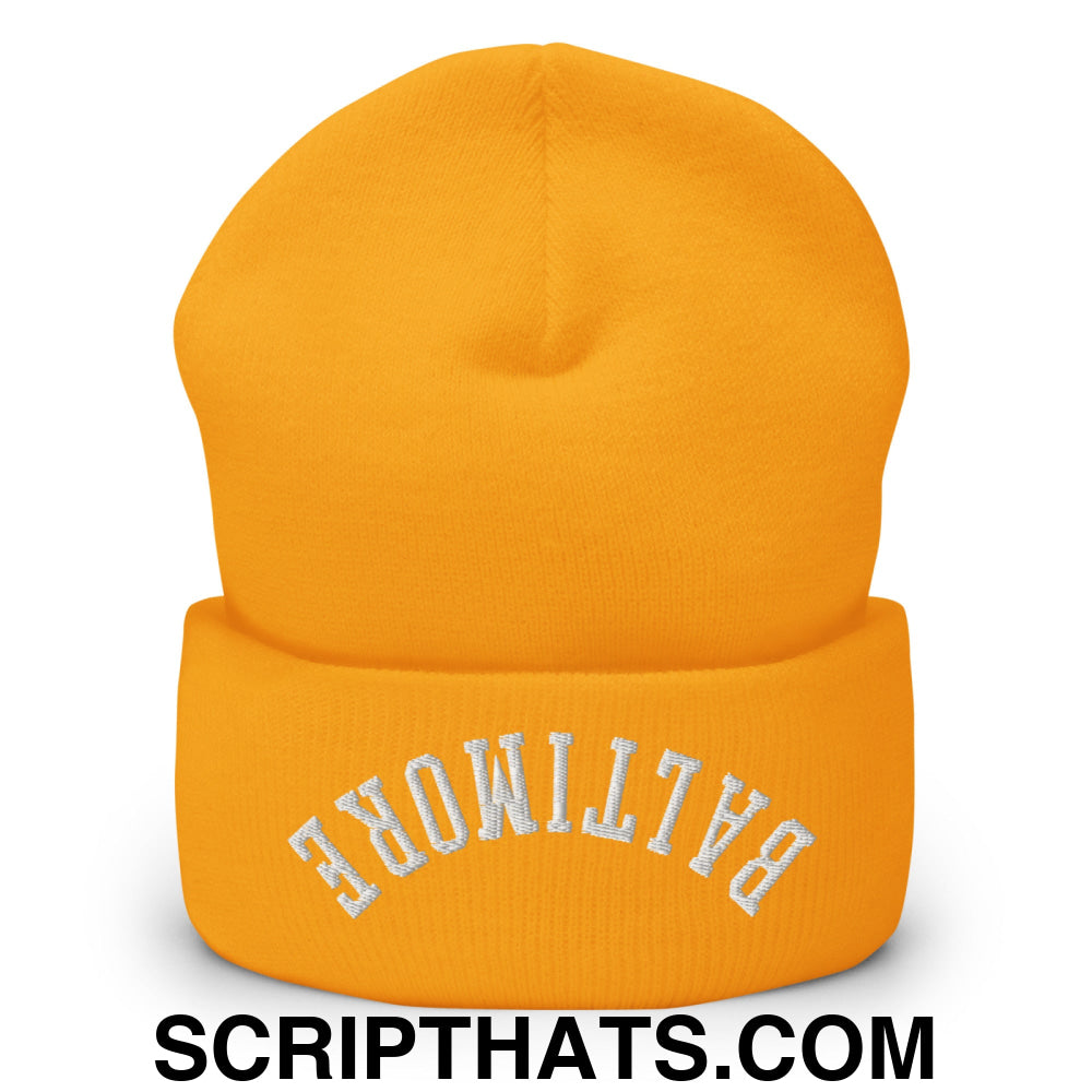 Upside Down Baltimore Embroidered Cuffed Knit Beanie Gold