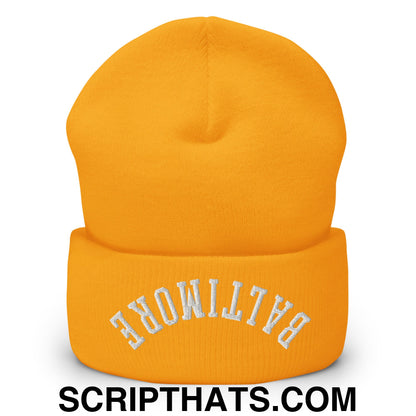 Upside Down Baltimore Embroidered Cuffed Knit Beanie Gold