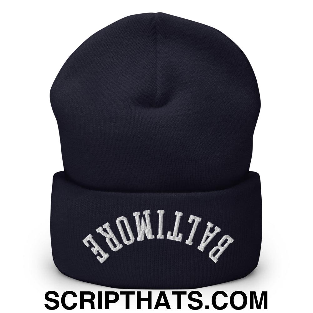 Upside Down Baltimore Embroidered Cuffed Knit Beanie Navy