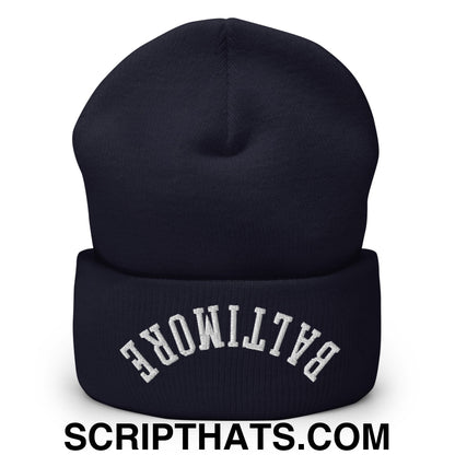 Upside Down Baltimore Embroidered Cuffed Knit Beanie Navy