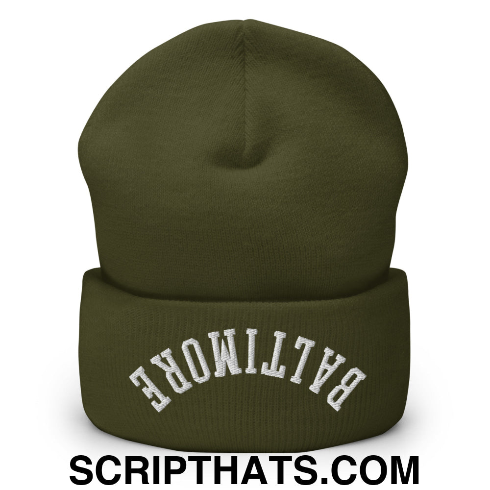 Upside Down Baltimore Embroidered Cuffed Knit Beanie Olive