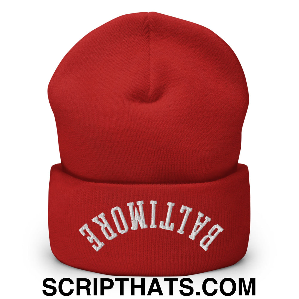 Upside Down Baltimore Embroidered Cuffed Knit Beanie Red