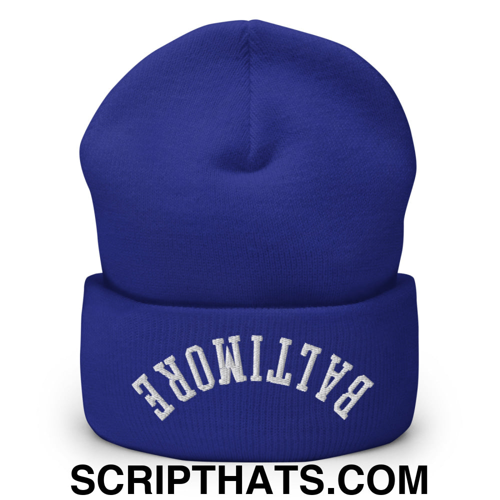 Upside Down Baltimore Embroidered Cuffed Knit Beanie Royal