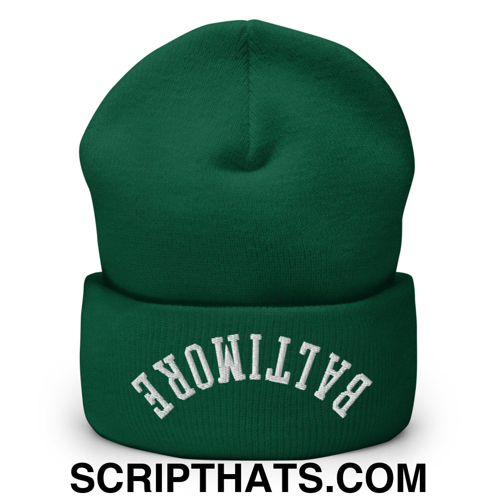 Upside Down Baltimore Embroidered Cuffed Knit Beanie Spruce